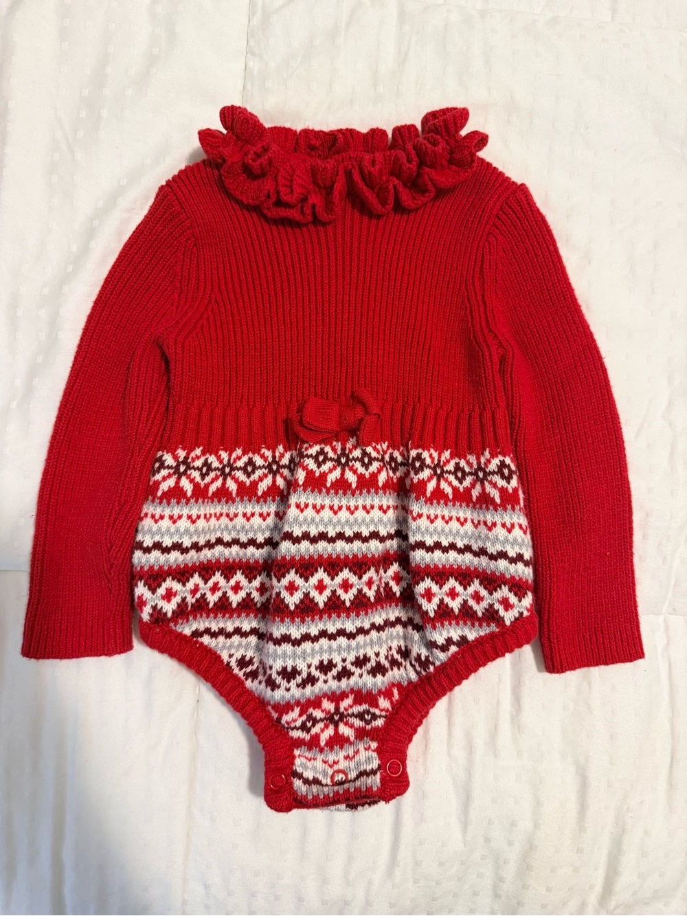cupcakes & cashmere Red Knit Ruffle Collar Fair Isle Baby One-Piece
